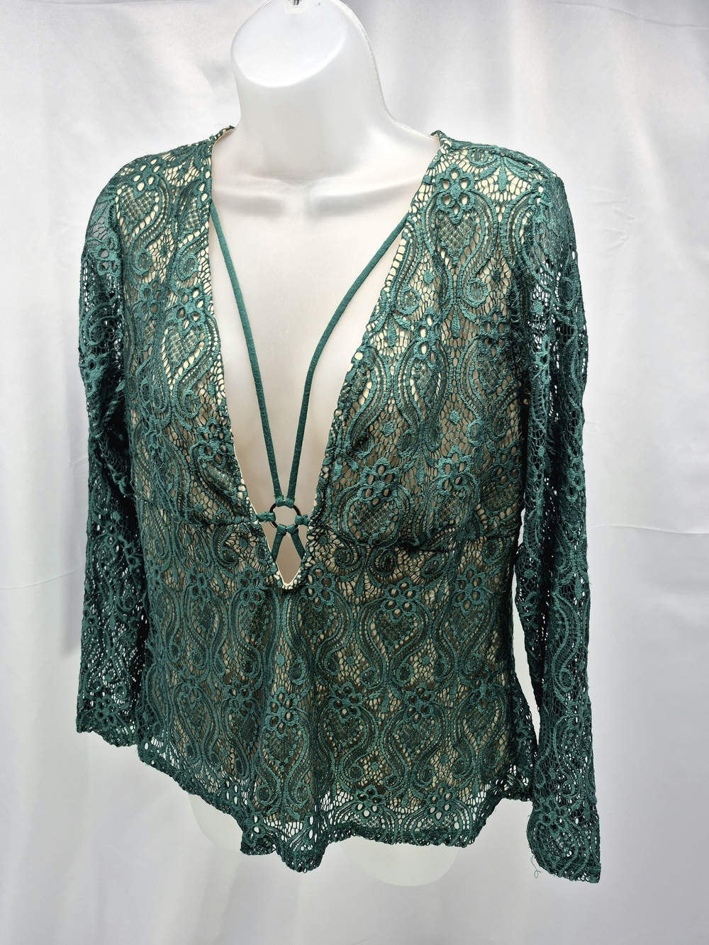 VENUS Emerald Green Plunging V-Neck Lace Blouse Top XL Whimsygoth Renaissance